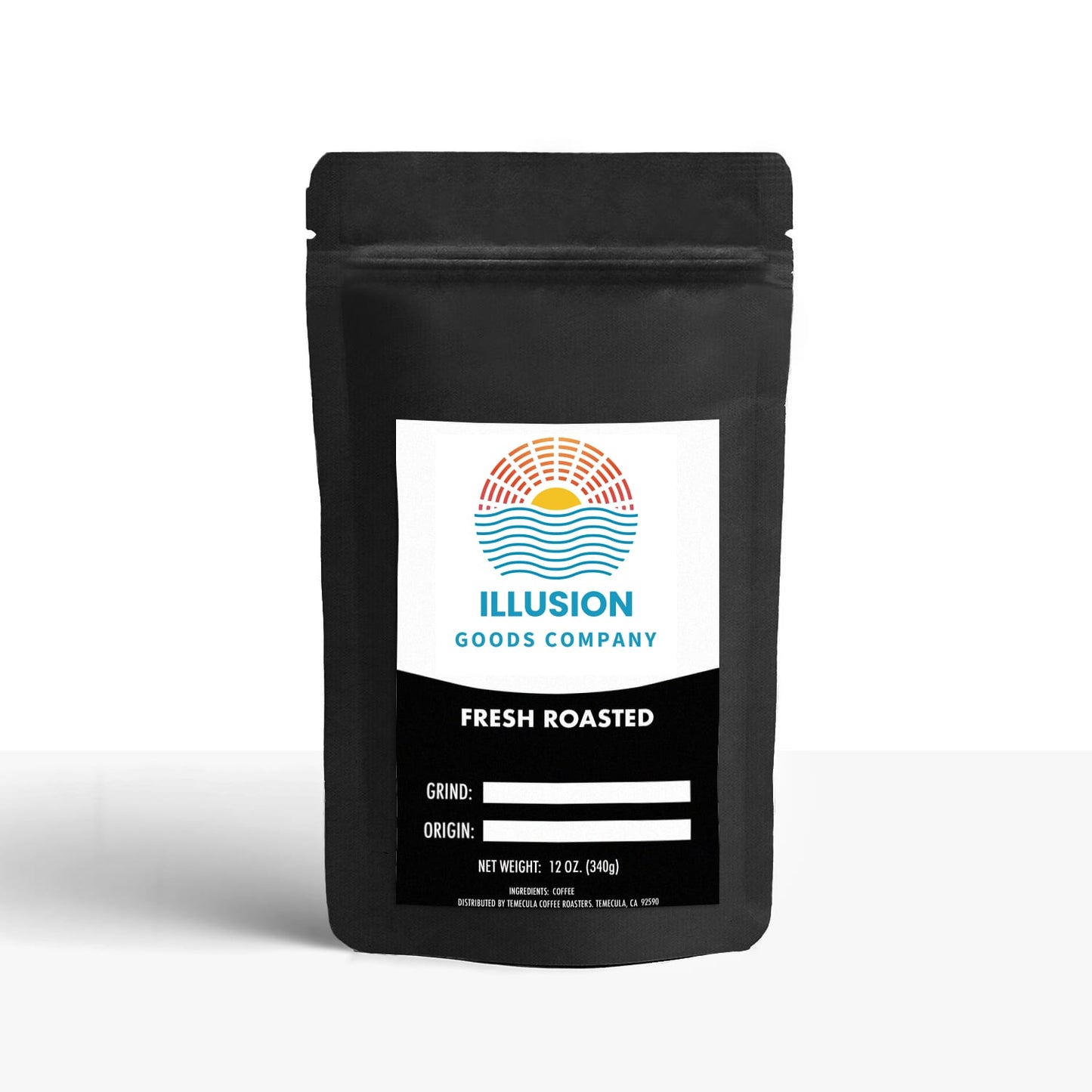 Latin American Blend
Black coffee bag with Illusion Goods Company label on a white background