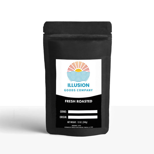 Latin American Blend
Black coffee bag with Illusion Goods Company label on a white background