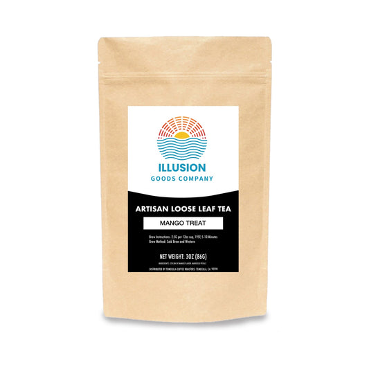 Mango Treat Tea
Kraft paper tea bag with Illusion Goods Company label on a white background