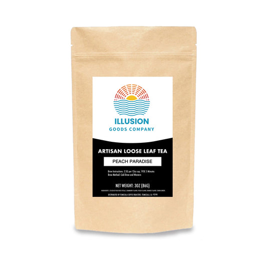Peach Paradise Tea
Kraft paper tea bag with Illusion Goods Company label on a white background