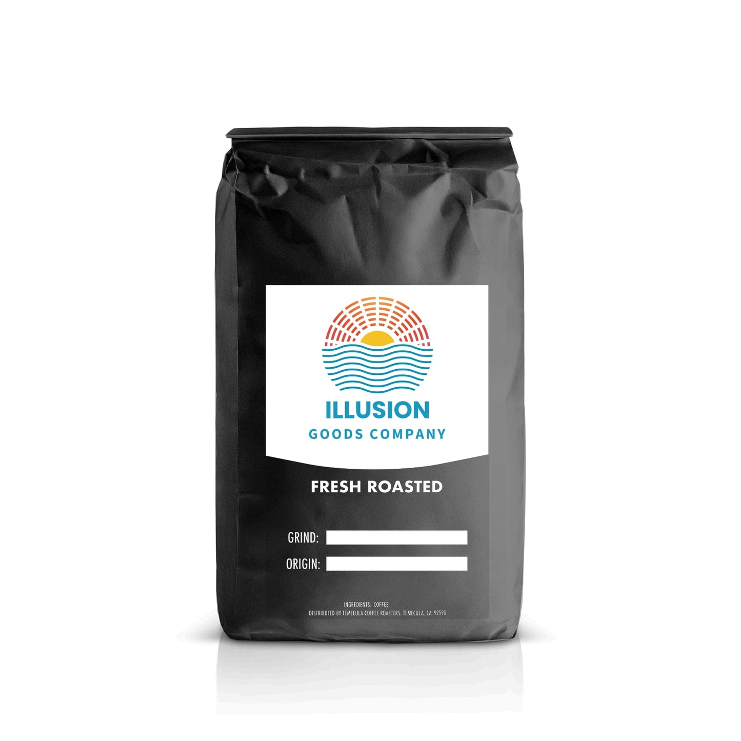Whiskey Barrel Aged Coffee
Black coffee bag with Illusion Goods Company label on a white background